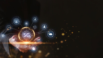 Man hand show 5G logo connect to cloud  Digital transformation, new technology and business process...