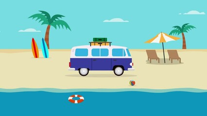 Blue van moving on the tropical beach