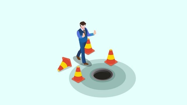 Blind businessman walking toward a hole