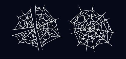 Spider web set isolated on black background. Spooky Halloween cobwebs. Handrawn vector illustration