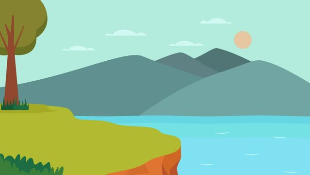 Green cliff with calm river and mountain at sunny day