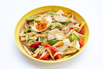 Spicy papaya salad with salted egg and vietnamese pork sausage