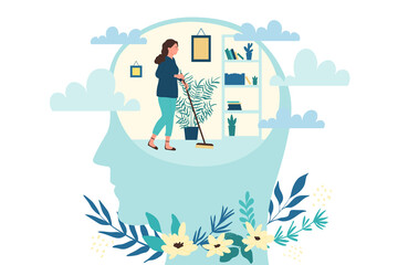 Girl with mop cleaning inner room inside abstract human head. Cartoon person cleansing mind to organize thoughts, brain detox purification flat vector illustration. Psychology, mental health concept