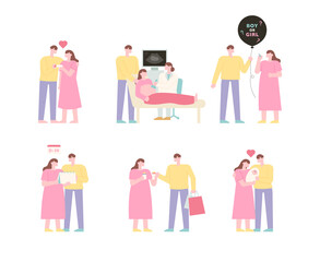 The birth process of a pregnant couple. flat design style vector illustration.