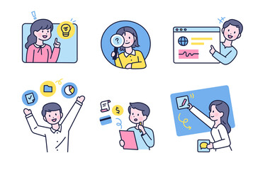 Business brainstorming. Cute business characters. Thick outline style design.