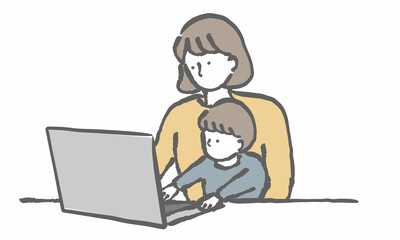 在宅ワーク　子育て　仕事　パソコン　イラスト　女性