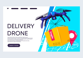 
vector illustration of a banner template for a website, delivery service by air, delivery of goods and boxes by air using flying drones, with a city map and geolocation tag