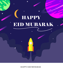 Happy Eid Mubarak greeting card with space rocket background and two planets save on eps mode