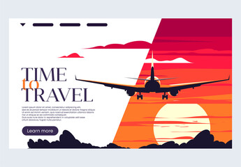 vector illustration of a banner template for a website time to travel, plane taking of, rear view, against a sunset background