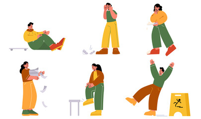 Clumsy people accidents, male or female characters fall down from skateboard, hit leg by chair, drop documents and food, slip on wet floor, smash crockery, men or women injury Line art flat vector set - obrazy, fototapety, plakaty
