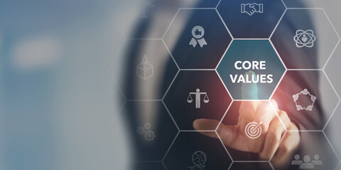 Core values,corporate values concept.  Company culture and strategy related to business and customer relationships, growth. Principles guide company's action. Businessman touching on core values. - obrazy, fototapety, plakaty