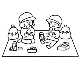 遠足でお弁当を食べる子どもの線画イラスト