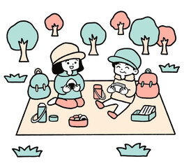遠足でお弁当を食べる子どものイラスト
