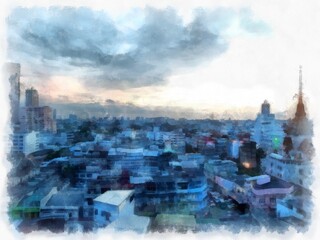 Obraz premium Landscape of streets and buildings in Bangkok city watercolor style illustration impressionist painting.