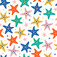 Fototapeta na wymiar Starfish seamless vector pattern. Underwater animals in the shape of stars with suckers. Flat cartoon style, hand drawn childish illustration on white background. Cute sea backdrop