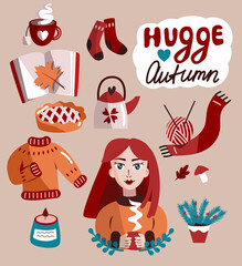 Set of cozy autumn stickers. Hugge vector illustration