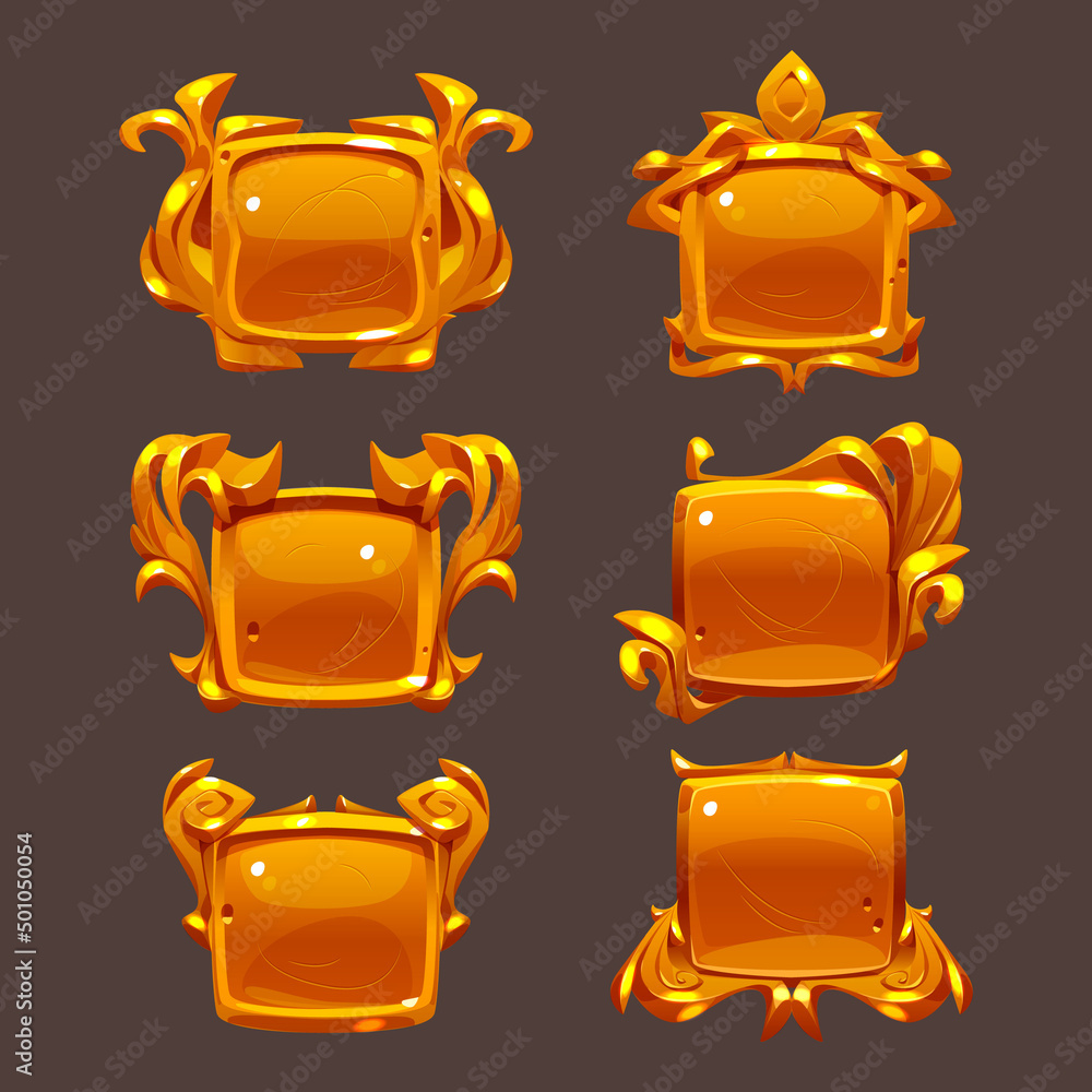 Poster game ui frames, gold square medieval menu elements. golden buttons or banners with ornate rims. empt