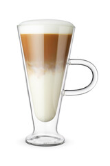 Latte coffee in a transparent glass cup isolated.