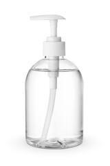 Transparent plastic bottle with liquid hand soap or sanitizer isolated on white.