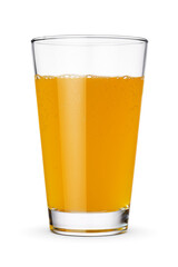 Glass of orange soda isolated on white.