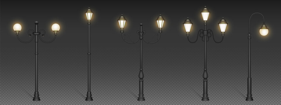 Vintage street lights, retro lampposts for urban lighting. City architecture design objects with luminous glowing lamps on steel poles isolated on transparent background Realistic 3d vector mockup set