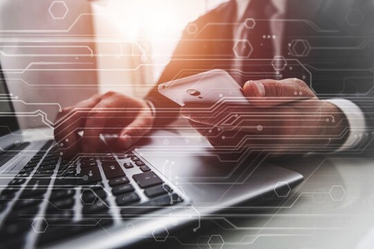 Digital technology concept. Coding programmer working on digital table.