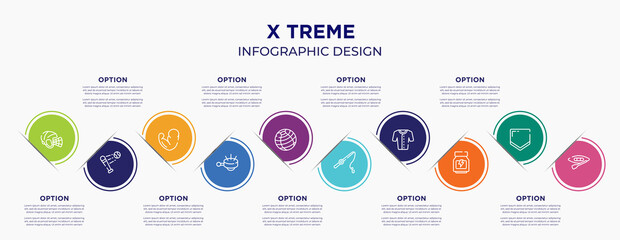 x treme concept infographic design template. included hockey helmet, battered ball, muscles, ringer, fitness ball, fishing line, baseball jersey, whey protein, canoeing for abstract background.