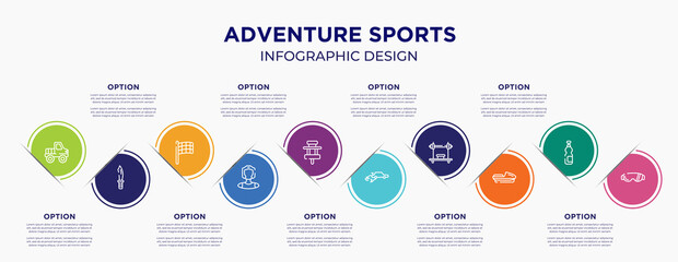 adventure sports concept infographic design template. included off road, dive knife, black flagged, kickboxer, paddock, autocross, bench press, speedboat, sport sunglasses for abstract background.