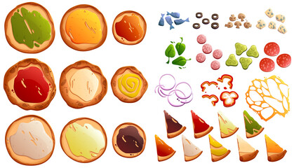 Italian pizza constructor with round dough base, different sauces and topping. Vector cartoon set of pizza ingredients, tomato, blue moldy cheese, pepper, pepperoni, olives, onion and spinach