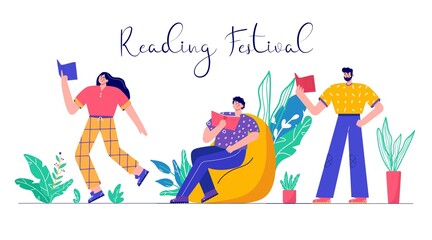 Modern people reading book festival. Set of characters enjoying their hobbies,  leisure. Vector illustration in flat cartoon style.