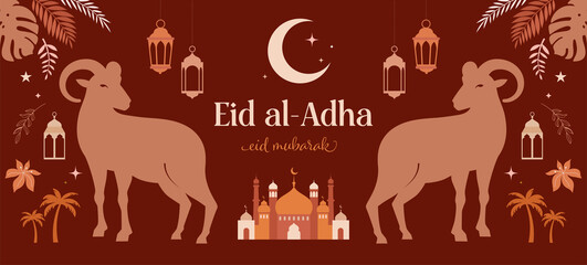 Eid Al Adha festival. Greeting card with sacrificial sheep and crescent on cloudy night background. Eid Mubarak theme. Vector illustration.