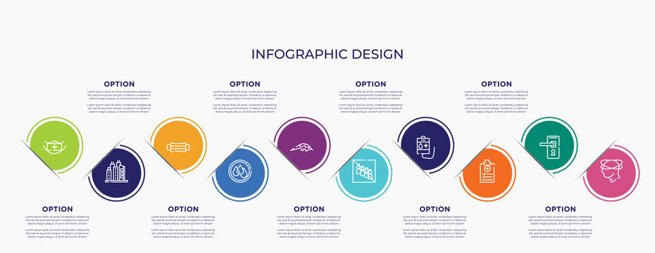 Concept Infographic Design Template. Included Face Mask, City, Hygiene Mask, Wet, Pangolin, No Group, Blood Bag, Medical Report, Dizziness For Abstract Background.