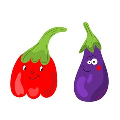 Set of different cute happy vegetable and fruit kawaii characters. Colorful design for cards, banners, printed materials. Funny doodle style emoticons. Flat icons of: pepper, eggplant
