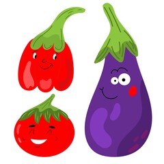 Set of different cute happy vegetable and fruit kawaii characters. Colorful design for cards, banners, printed materials. Funny doodle style emoticons. Flat icons of: pepper, tomato, eggplant