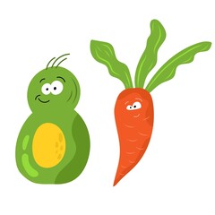 Set of different cute happy vegetable and fruit kawaii characters. Colorful design for cards, banners, printed materials. Funny doodle style emoticons. Flat icons of: carrot,  avocado