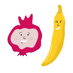 Set of different cute happy vegetable and fruit kawaii characters. Colorful design for cards, banners, printed materials. Funny doodle style emoticons. Flat icons of: banana