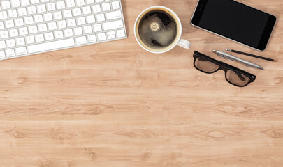 Keyboard, smartphone and coffee cup on wooden table, top view with copy space, 3d illustration