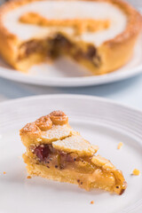 Gooseberry pie with Grumpy sign on it, popular dish from fairytale Snow white and seven dwarfs