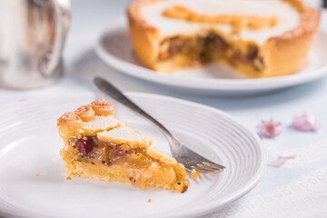 Gooseberry pie with Grumpy sign on it, popular dish from fairytale Snow white and seven dwarfs