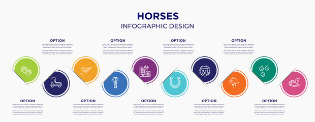 horses concept infographic design template. included dog paw, roller skate, bird eating seeds, hot air balloon, hotel building, horseshoe, lion face, hat for a jockey, rocker horse for abstract