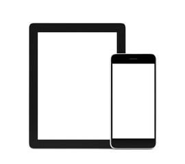 Smartphone and tablet with blank screen isolated on white background, 3d rendering