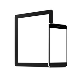 Smartphone and tablet with blank screen isolated on white background, 3d rendering