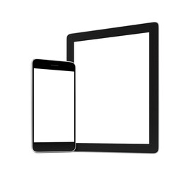 Smartphone and tablet with blank screen isolated on white background, 3d rendering
