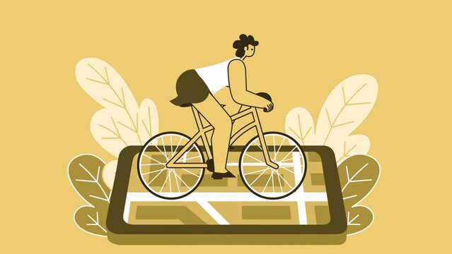 Yellow Style Woman Flat Character Speed Riding Bike with Smartphone. Isolated Loop Animation with Alpha matters 
