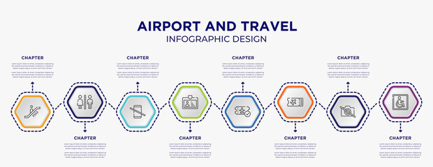airport and travel concept infographic template with 8 step or option. included upwards or, male and female toilet, pass card, verified boarding card, flight ticket, wheelchair accessible icons for - obrazy, fototapety, plakaty
