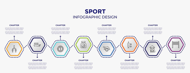 sport concept infographic template with 8 step or option. included bicycle fork, fishing boat, protein powder, pilates, doping, volleyball net icons for abstract background.