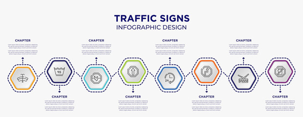 traffic signs concept infographic template with 8 step or option. included windshield washer, 95 degrees, ahead only, 24 hours service, bend, no mobile phone icons for abstract background.