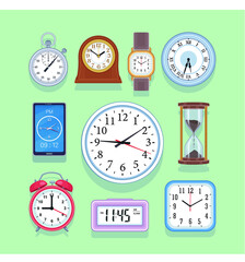 Different style set of clocks hanging on the wall vector illustration icon.