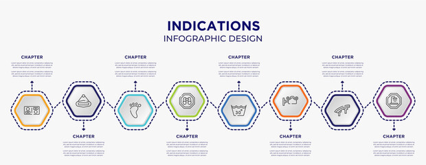 indications concept infographic template with 8 step or option. included restroom, hanging, site seeing place, 30 degree laundry, decorative, shower place icons for abstract background.