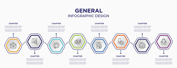 general concept infographic template with 8 step or option. included smart home hub, map search, real time data, marketing plan, user behavior, teenager icons for abstract background.